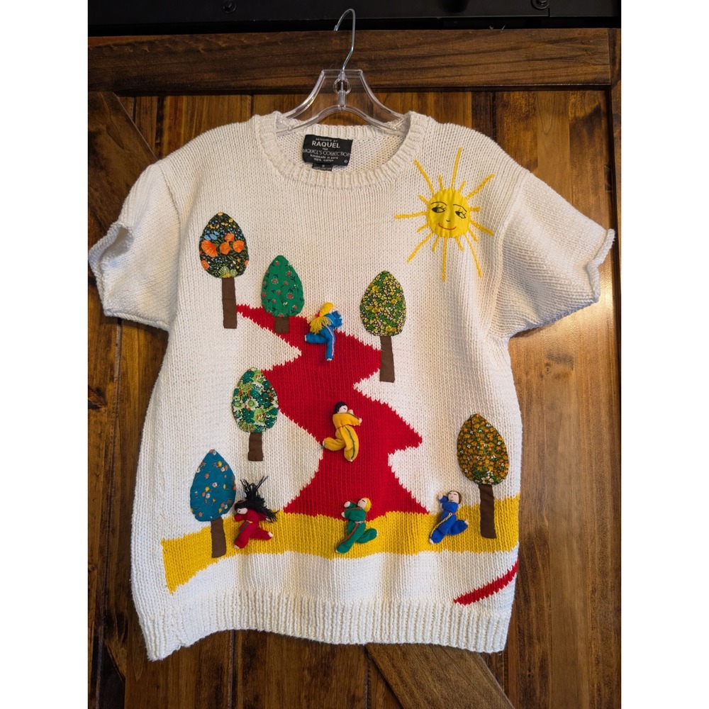 Raquels Collection Vintage Handmade Peru Cotton Knit 3D Doll Sun Sweater Small
